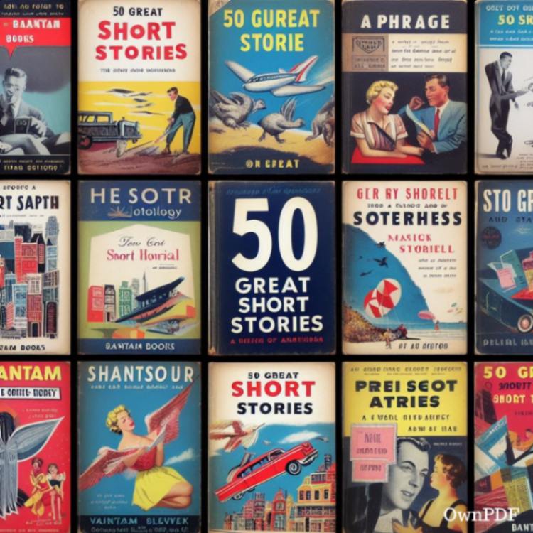 A collage of vintage 1950s book covers from the first edition and early reprints of the "50 Great Short Stories" anthology released by Bantam Books.