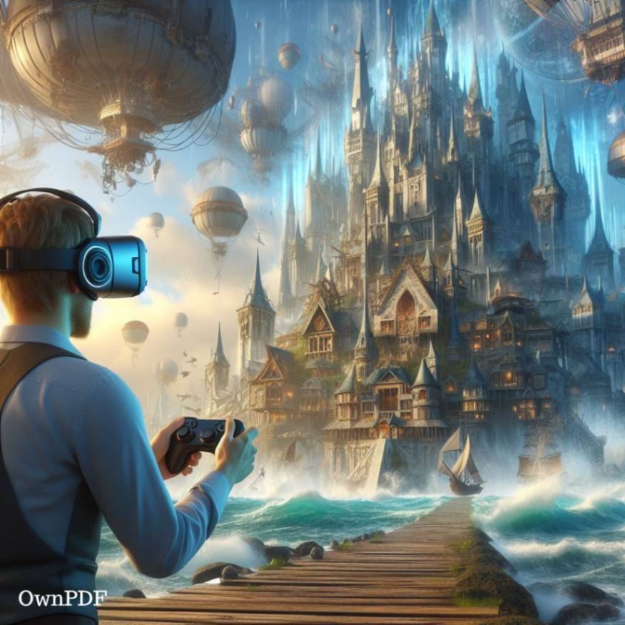 "A virtual reality headset displaying a immersive 3D environment of towering castles and soaring airships imagined by Bing's image generator"